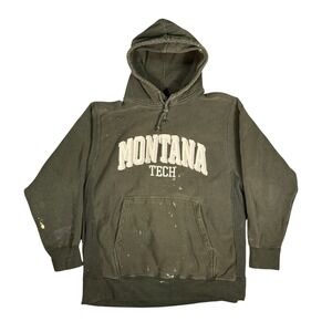 Vintage Montana Tech Pro Weave Hoodie Olive Green Distressed Paint Splatter L